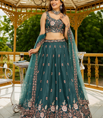 Captivating Sea Green Dori, Zari and Sequins Embroidered Star France Crepe Indian Designer Wedding lehenga choli