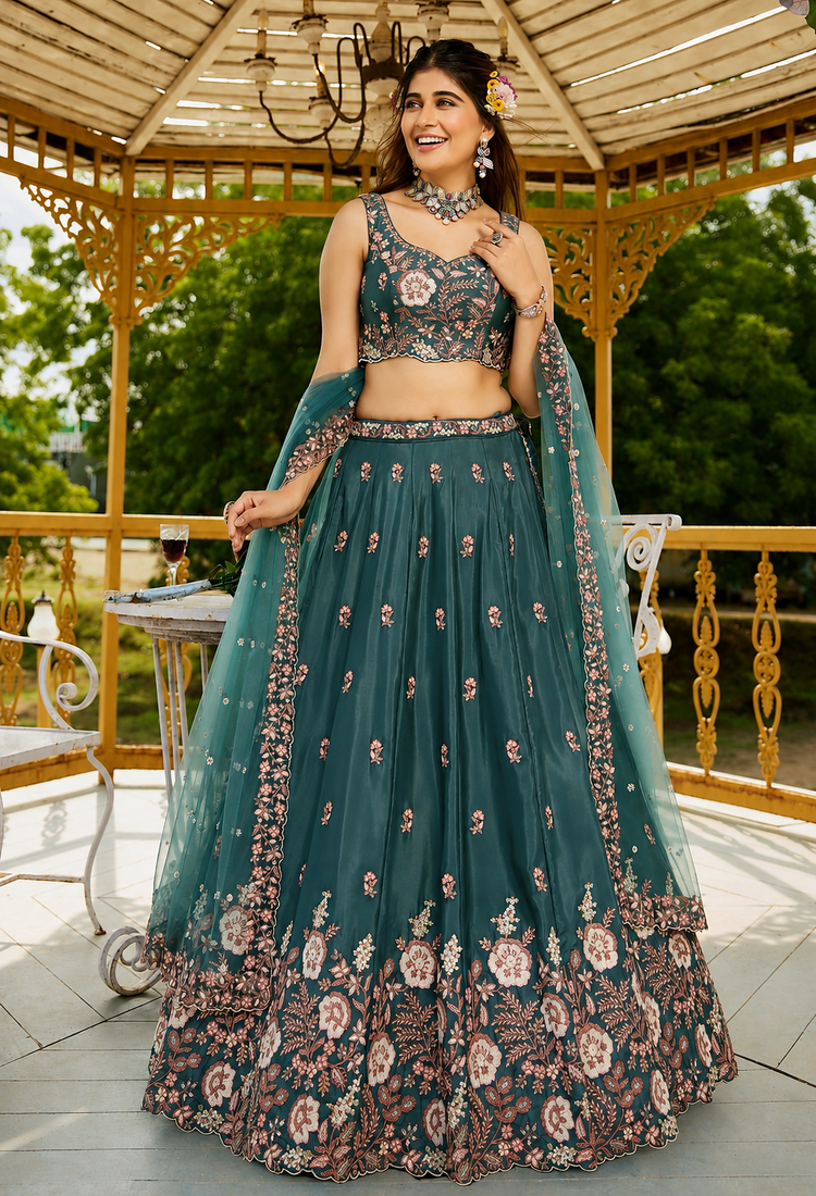 Captivating Sea Green Dori, Zari and Sequins Embroidered Star France Crepe Indian Designer Wedding lehenga choli