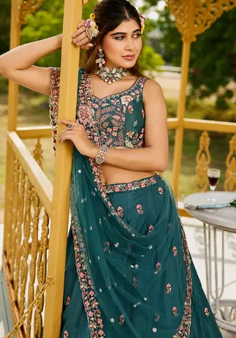 Captivating Sea Green Dori, Zari and Sequins Embroidered Star France Crepe Indian Designer Wedding lehenga choli