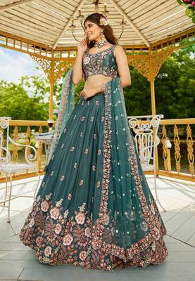 Captivating Sea Green Dori, Zari and Sequins Embroidered Star France Crepe Indian Designer Wedding lehenga choli 3