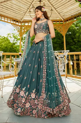 Captivating Sea Green Dori, Zari and Sequins Embroidered Star France Crepe Indian Designer Wedding lehenga choli