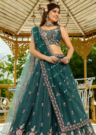 Captivating Sea Green Dori, Zari and Sequins Embroidered Star France Crepe Indian Designer Wedding lehenga choli