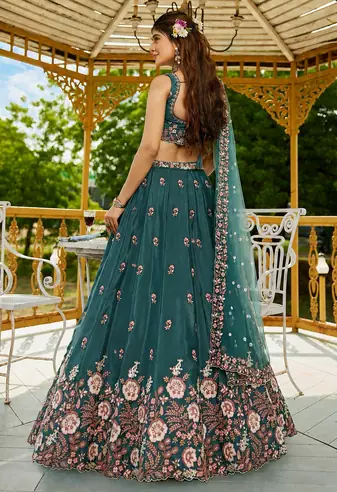 Captivating Sea Green Dori, Zari and Sequins Embroidered Star France Crepe Indian Designer Wedding lehenga choli