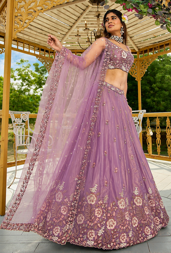 Captivating Lilac Dori, Zari and Sequins Embroidered Star France Crepe Indian Designer Wedding lehenga choli