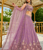 Captivating Lilac Dori, Zari and Sequins Embroidered Star France Crepe Indian Designer Wedding lehenga choli