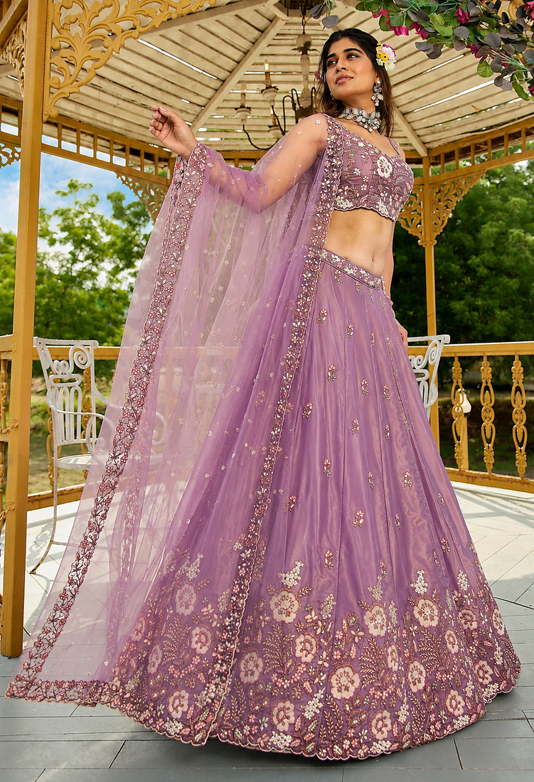 Captivating Lilac Dori, Zari and Sequins Embroidered Star France Crepe Indian Designer Wedding lehenga choli