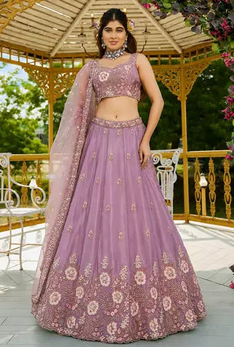 Captivating Lilac Dori, Zari and Sequins Embroidered Star France Crepe Indian Designer Wedding lehenga choli