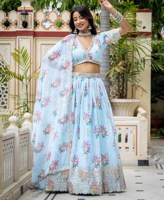 Captivating Sky Blue Dori, Zari and Sequins Embroidered Star Georgette Crepe Indian Floral Wedding lehenga choli 1