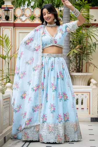 Captivating Sky Blue Dori, Zari and Sequins Embroidered Star Georgette Crepe Indian Floral Wedding lehenga choli