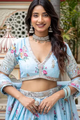 Captivating Sky Blue Dori, Zari and Sequins Embroidered Star Georgette Crepe Indian Floral Wedding lehenga choli