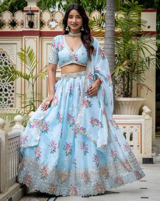 Captivating Sky Blue Dori, Zari and Sequins Embroidered Star Georgette Crepe Indian Floral Wedding lehenga choli 3