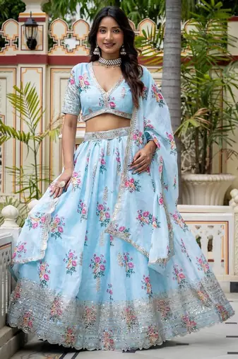 Captivating Sky Blue Dori, Zari and Sequins Embroidered Star Georgette Crepe Indian Floral Wedding lehenga choli