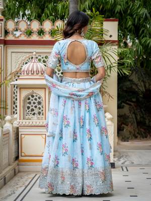 Captivating Sky Blue Dori, Zari and Sequins Embroidered Star Georgette Crepe Indian Floral Wedding lehenga choli 4