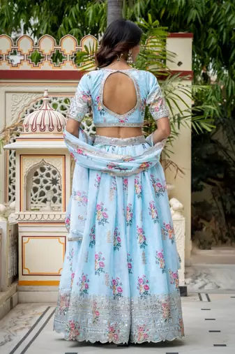 Captivating Sky Blue Dori, Zari and Sequins Embroidered Star Georgette Crepe Indian Floral Wedding lehenga choli