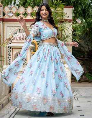 Captivating Sky Blue Dori, Zari and Sequins Embroidered Star Georgette Crepe Indian Floral Wedding lehenga choli 5