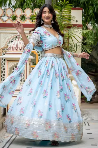 Captivating Sky Blue Dori, Zari and Sequins Embroidered Star Georgette Crepe Indian Floral Wedding lehenga choli