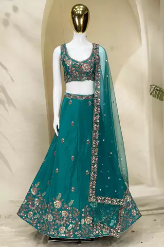 Captivating Sea Green Dori, Zari and Sequins Embroidered Star France Crepe Indian Designer Wedding lehenga choli