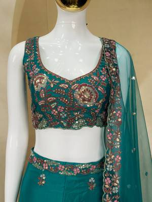 Captivating Sea Green Dori, Zari and Sequins Embroidered Star France Crepe Indian Designer Wedding lehenga choli 7