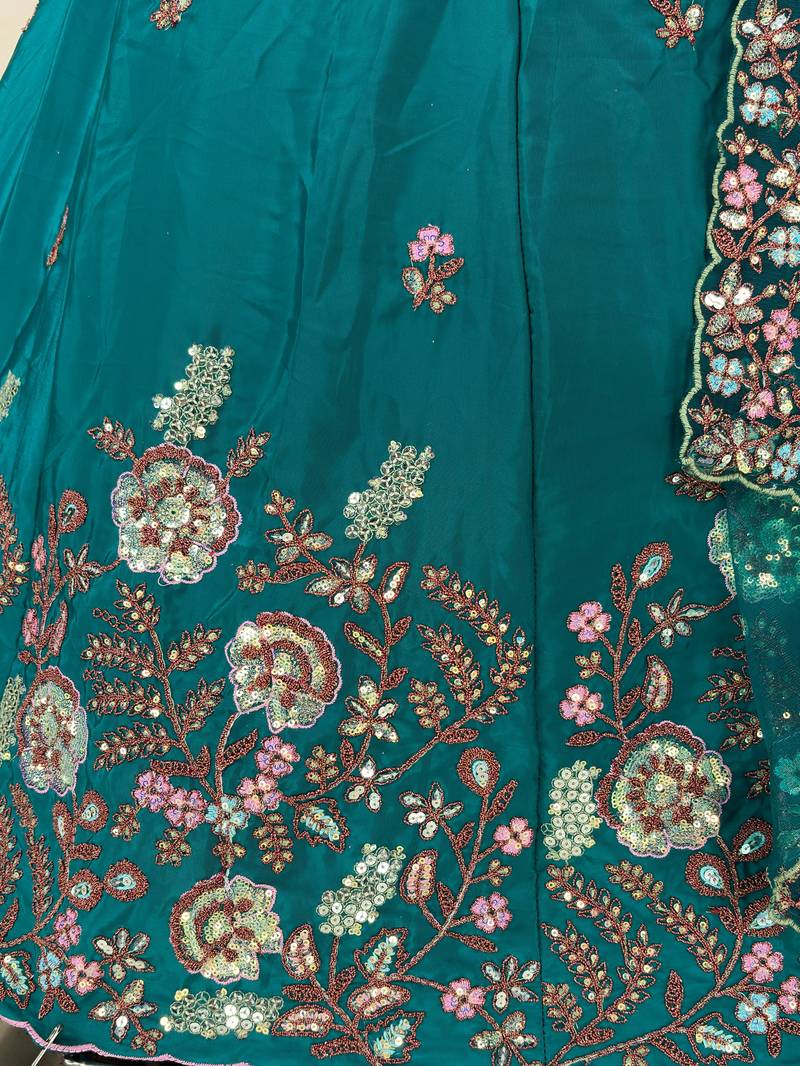 Captivating Sea Green Dori, Zari and Sequins Embroidered Star France Crepe Indian Designer Wedding lehenga choli