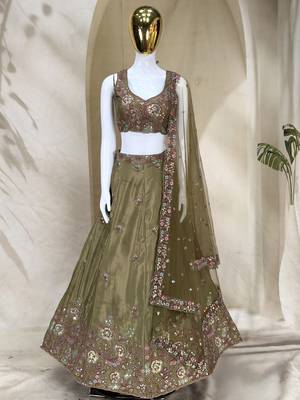 Captivating Mahendi Green Dori, Zari and Sequins Embroidered Star France Crepe Indian Designer Wedding lehenga choli 6
