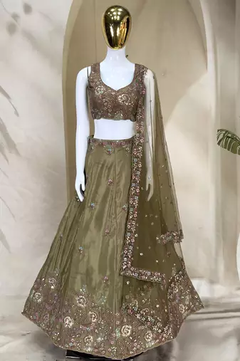 Captivating Mahendi Green Dori, Zari and Sequins Embroidered Star France Crepe Indian Designer Wedding lehenga choli