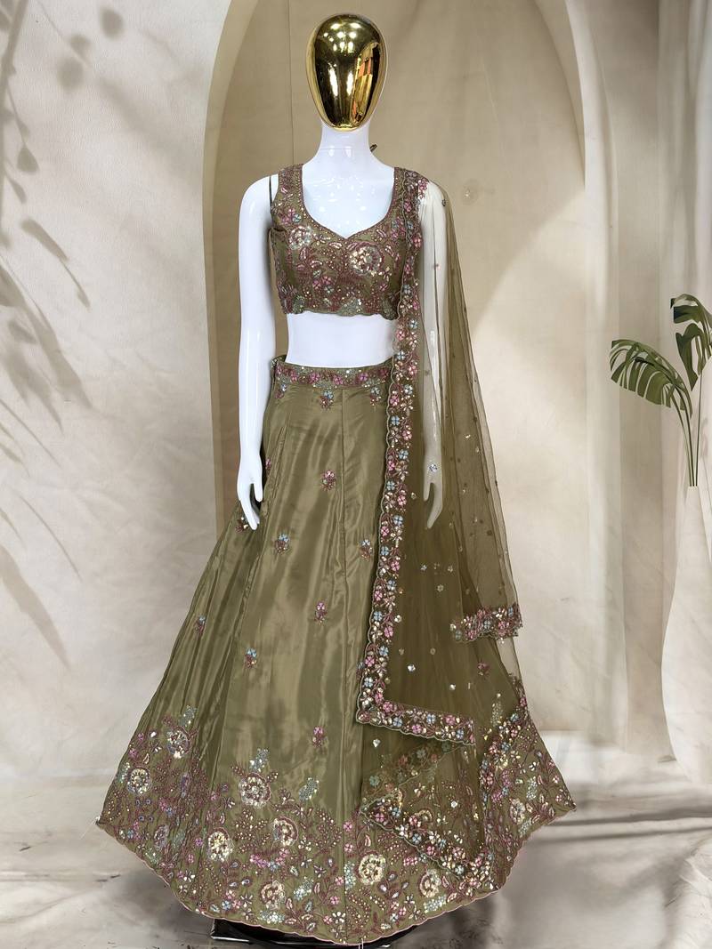 Captivating Mahendi Green Dori, Zari and Sequins Embroidered Star France Crepe Indian Designer Wedding lehenga choli