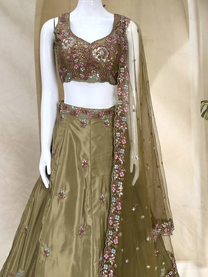 Captivating Mahendi Green Dori, Zari and Sequins Embroidered Star France Crepe Indian Designer Wedding lehenga choli