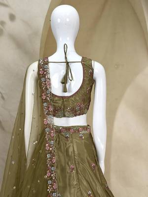 Captivating Mahendi Green Dori, Zari and Sequins Embroidered Star France Crepe Indian Designer Wedding lehenga choli 8