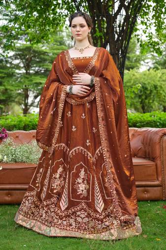 Captivating Brown Dori, Zari and Sequins Embroidered Fandy Silk Indian Floral Wedding lehenga choli