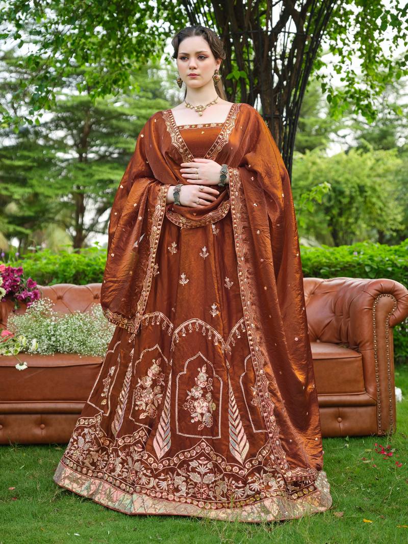 Captivating Brown Dori, Zari and Sequins Embroidered Fandy Silk Indian Floral Wedding lehenga choli