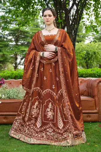 Captivating Brown Dori, Zari and Sequins Embroidered Fandy Silk Indian Floral Wedding lehenga choli