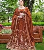 Captivating Brown Dori, Zari and Sequins Embroidered Fandy Silk Indian Floral Wedding lehenga choli
