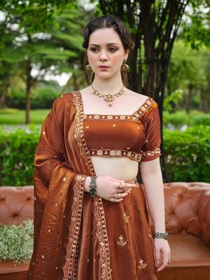 Captivating Brown Dori, Zari and Sequins Embroidered Fandy Silk Indian Floral Wedding lehenga choli 2