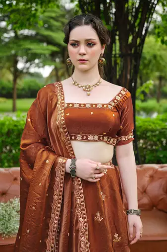 Captivating Brown Dori, Zari and Sequins Embroidered Fandy Silk Indian Floral Wedding lehenga choli