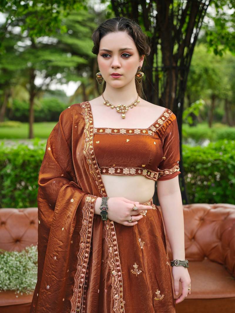 Captivating Brown Dori, Zari and Sequins Embroidered Fandy Silk Indian Floral Wedding lehenga choli