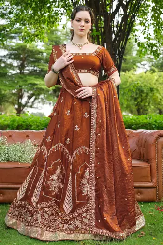 Captivating Brown Dori, Zari and Sequins Embroidered Fandy Silk Indian Floral Wedding lehenga choli