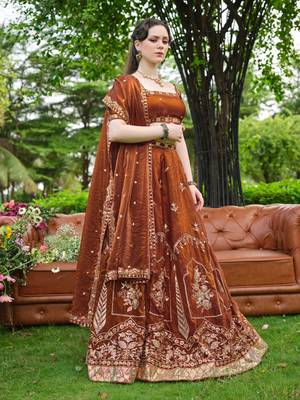 Captivating Brown Dori, Zari and Sequins Embroidered Fandy Silk Indian Floral Wedding lehenga choli 4