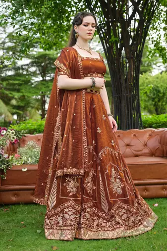 Captivating Brown Dori, Zari and Sequins Embroidered Fandy Silk Indian Floral Wedding lehenga choli