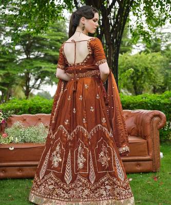 Captivating Brown Dori, Zari and Sequins Embroidered Fandy Silk Indian Floral Wedding lehenga choli 5