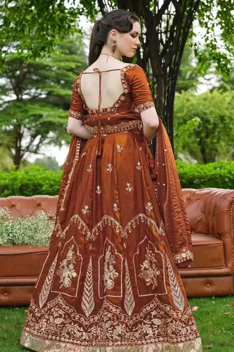 Captivating Brown Dori, Zari and Sequins Embroidered Fandy Silk Indian Floral Wedding lehenga choli