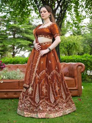 Captivating Brown Dori, Zari and Sequins Embroidered Fandy Silk Indian Floral Wedding lehenga choli 6