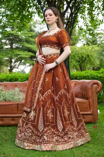 Captivating Brown Dori, Zari and Sequins Embroidered Fandy Silk Indian Floral Wedding lehenga choli