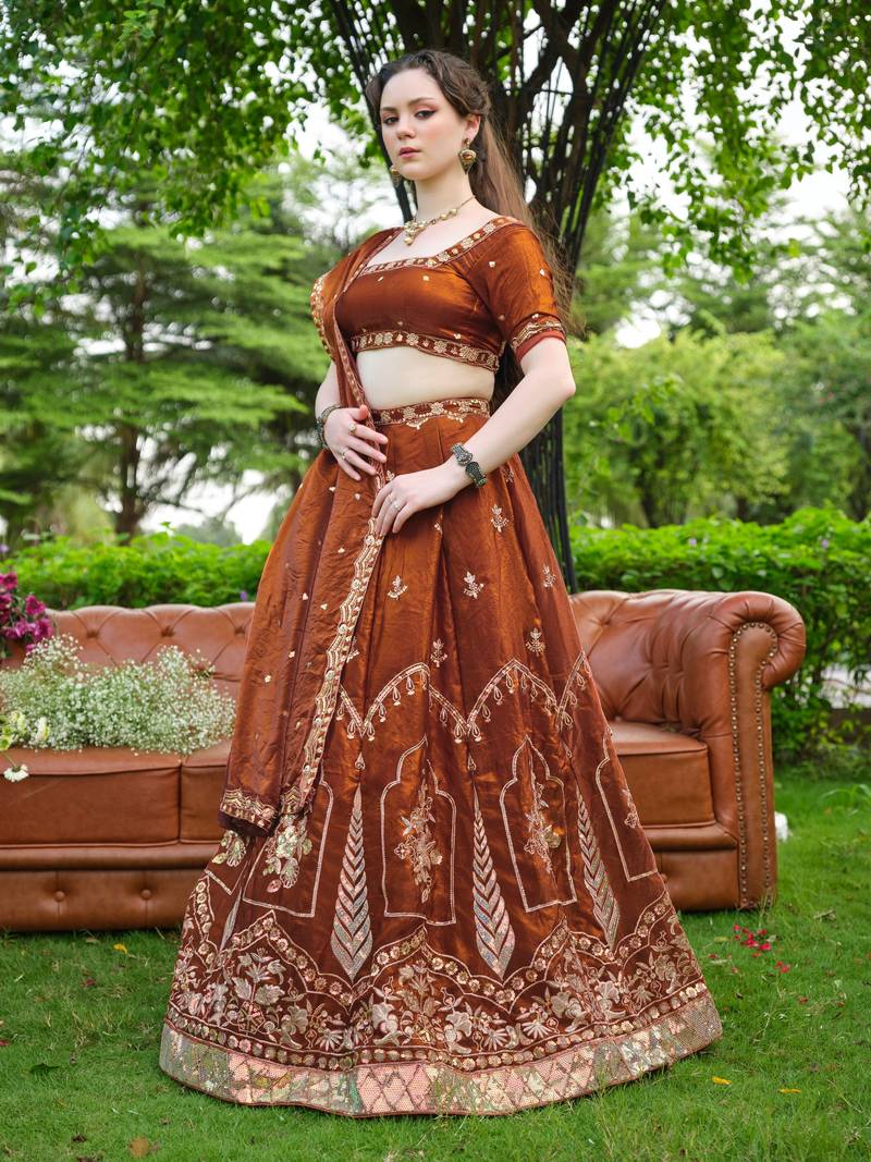 Captivating Brown Dori, Zari and Sequins Embroidered Fandy Silk Indian Floral Wedding lehenga choli