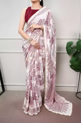 printed satin saree with elegant pearl lace border