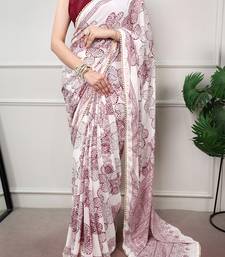 printed satin saree with elegant pearl lace border
