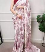 printed satin saree with elegant pearl lace border