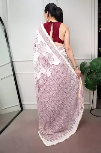 printed satin saree with elegant pearl lace border