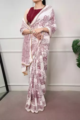 printed satin saree with elegant pearl lace border