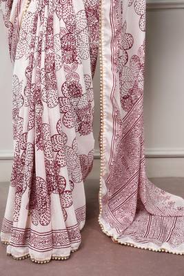 printed satin saree with elegant pearl lace border 5