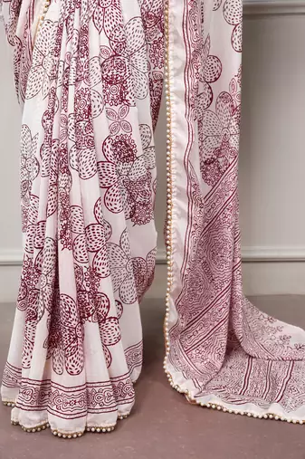 printed satin saree with elegant pearl lace border